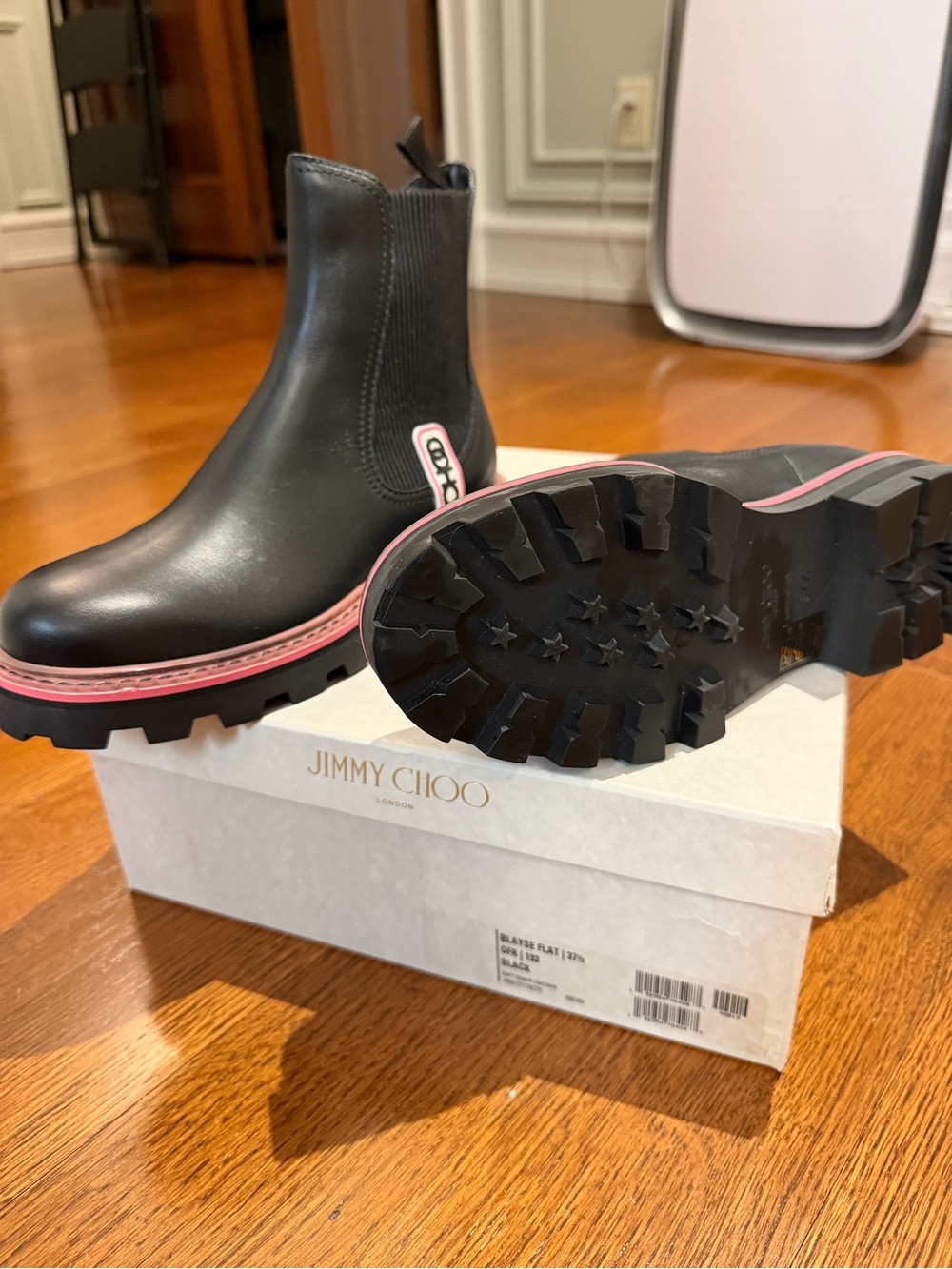 Jimmy Choo womens Black Chelsea Boots with Pink Trim Sz 37.5